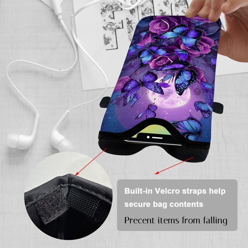 otilil Neoprene Cell Phone Sleeve Pouch Case Bag with Crossbody Strap Neck Lanyard for Women 7.1 X 3.9 in Purple Butterfly - Image 3